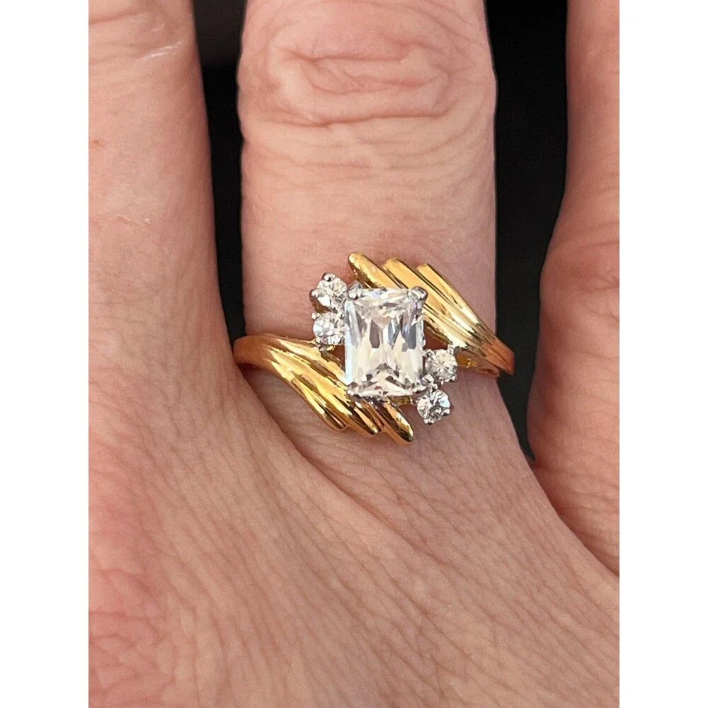 Vintage 1970s Ring Size 7 CZ Emerald Cut Solitaire Bypass Gold Plated - 14R